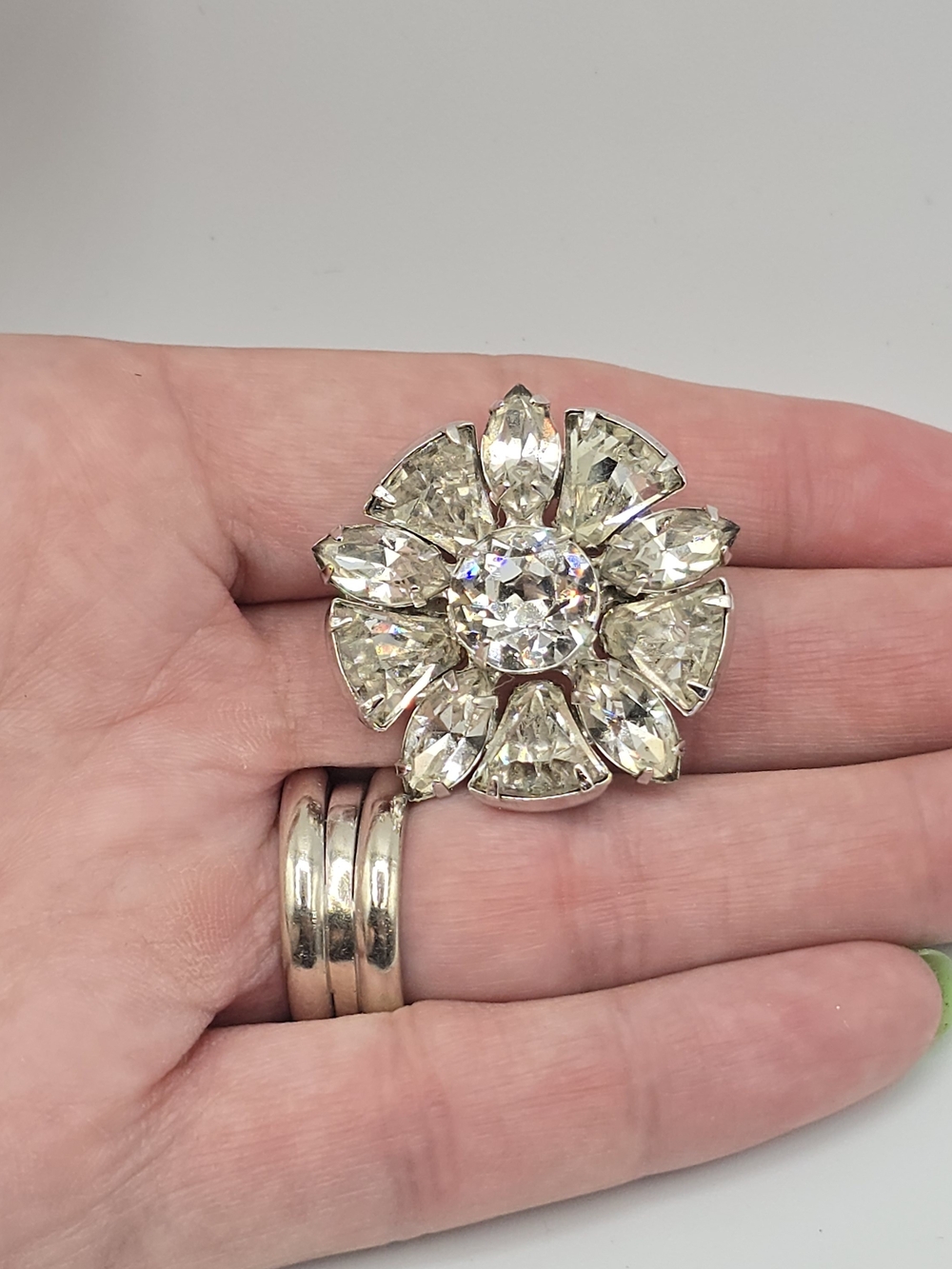 VTG Eisenberg Rhinestone Starburst Brooch Pin Clear Silver Tone 1.25" 1950s-60s